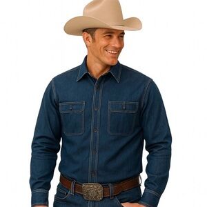 Lands End Blake Shelton Denim Shirt Size Large 42-44 Cotton Heavy Denim Blue